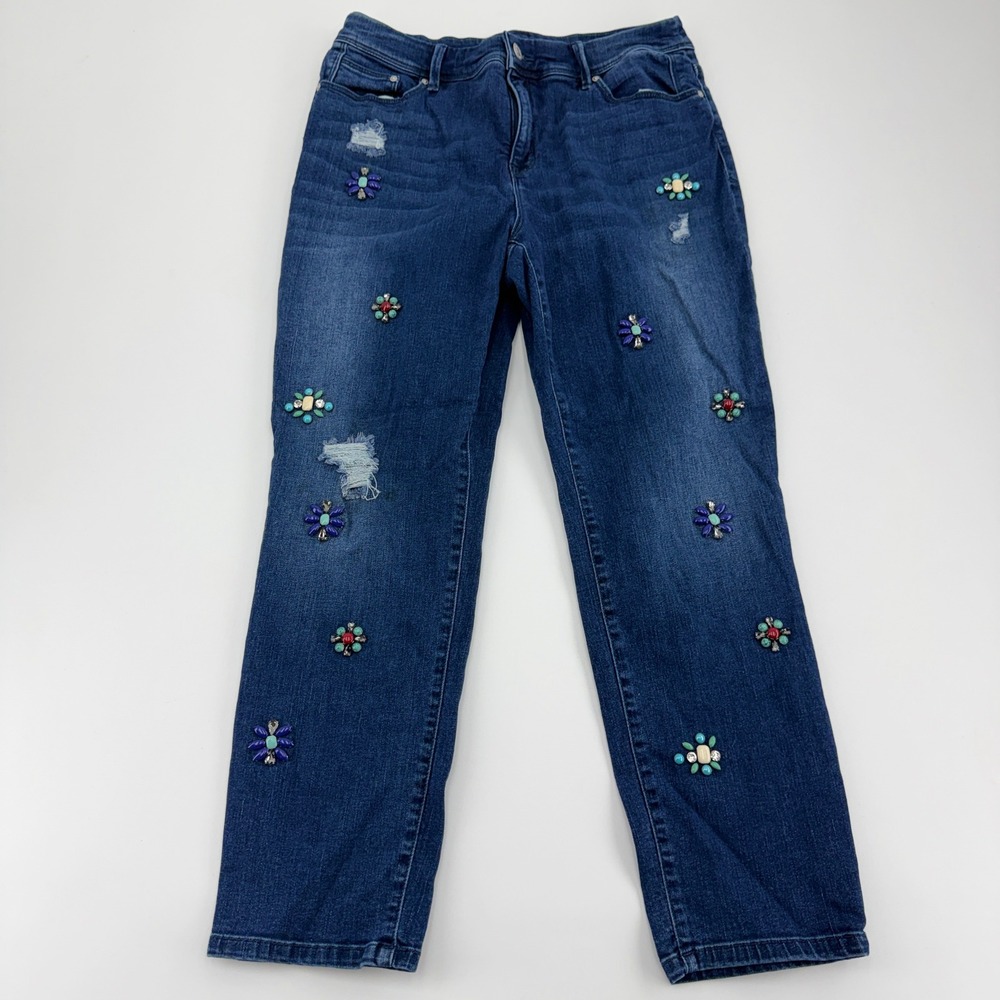 Chicos So Slimming Girlfriend Crop Jeans Floral Embellished Distressed Blue Sz 1